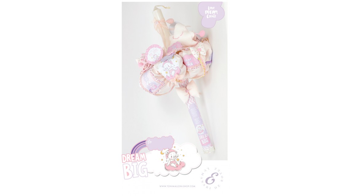 Lumanare botez pentru fetite cu ursuleti roz si norisori pufosi, 65x4 cm, Dream big little girl  7